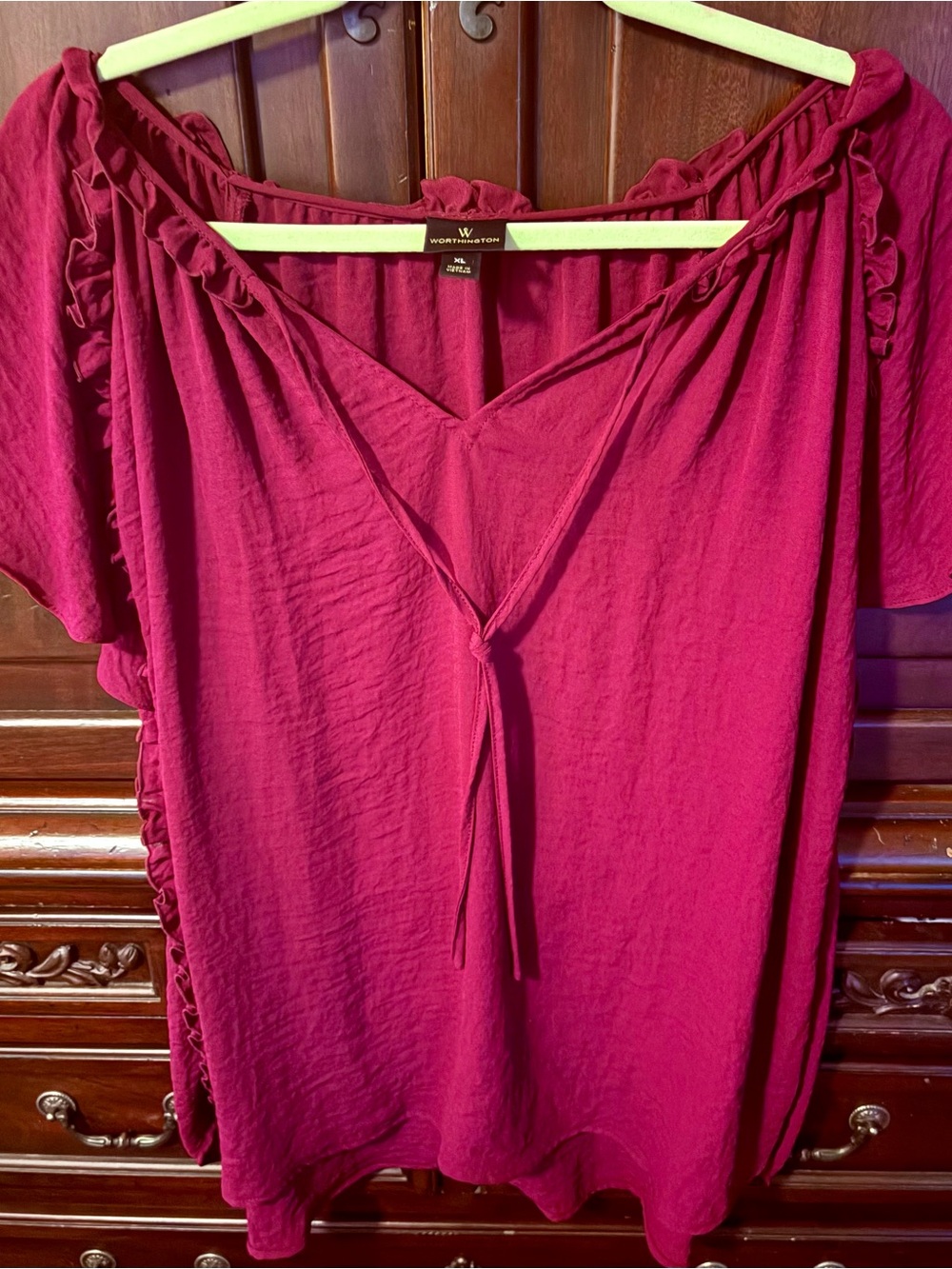 Worthington Raspberry Tie-Front Ruffle Sleeve Blouse